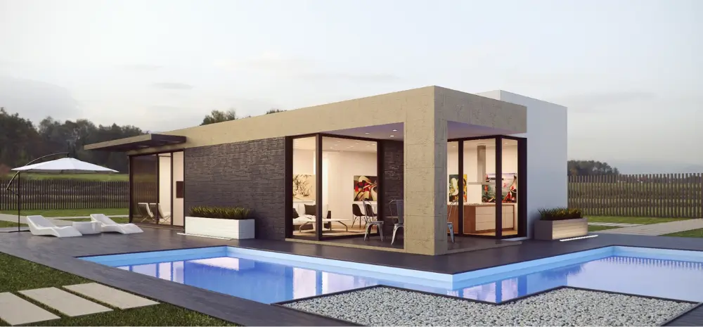 A modern house with a stylish swimming pool, designed by professional pool designers.