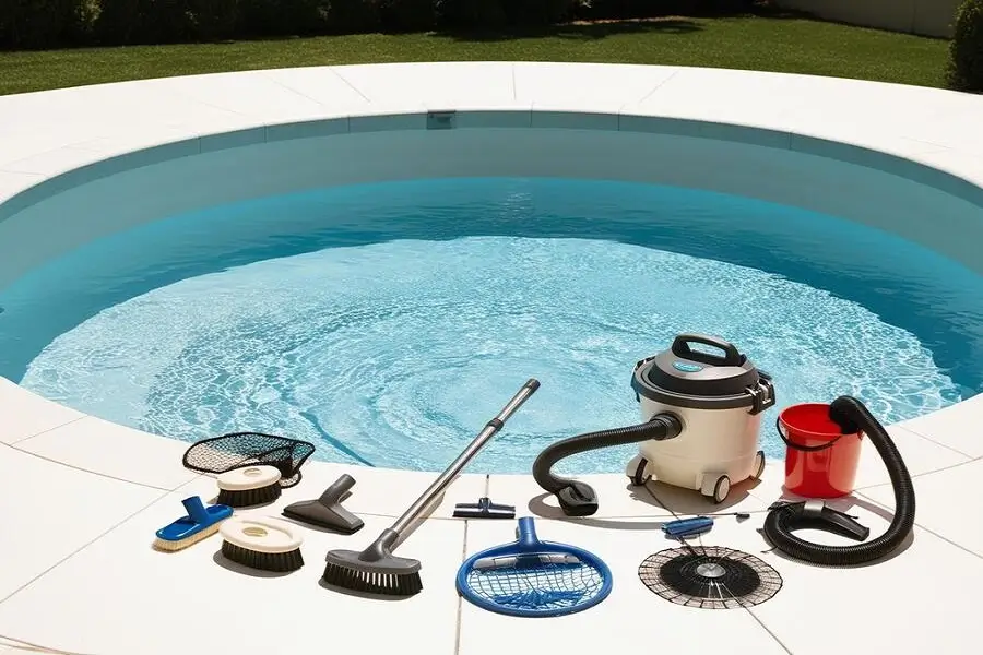 A round plunge pool with maintenance equipment for cleaning and upkeep.