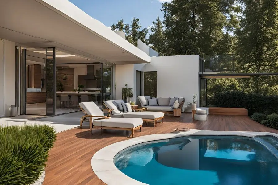 A modern home with a pool, showcasing a pool deck coating that enhances the outdoor living space with a sleek and durable finish.