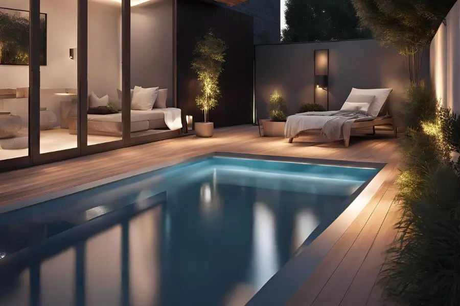 A modern small fiberglass pool with soft lighting, surrounded by a wooden deck and lounge chairs, creating a serene outdoor retreat.