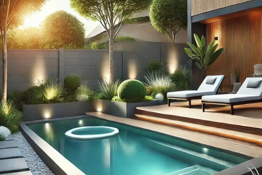 A small fiberglass pool featuring sleek landscaping with trees, plants, and stylish seating, creating a peaceful retreat.