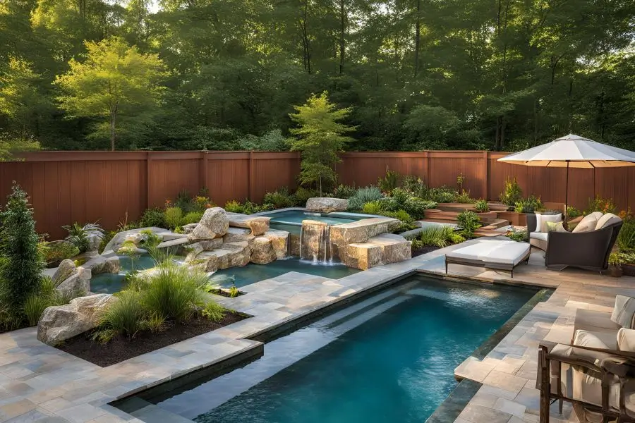 A small fiberglass pool with a waterfall feature, surrounded by rocks, lush plants, and comfortable lounge seating, offering a peaceful outdoor oasis.