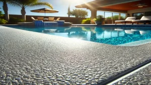 Close-up view of a pool deck coating, featuring a textured surface with water droplets glistening under sunlight.