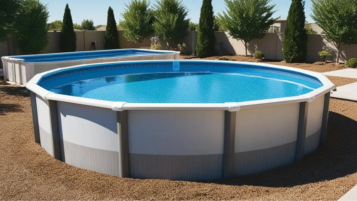 A well-installed round above-ground swimming pool with a clean, landscaped backyard.