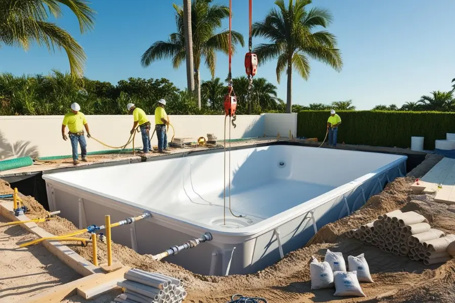 Construction workers installing a fiberglass inground pool kit using heavy equipment in a landscaped backyard.