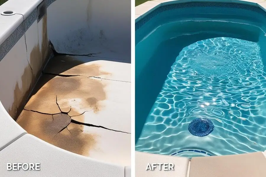 Repairing damage on a fiberglass pool by fixing cracks and worn-out surfaces.