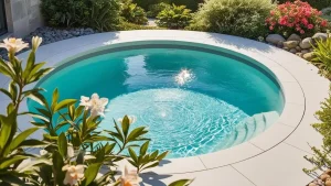 A round plunge pool surrounded by a cozy outdoor lounge area.