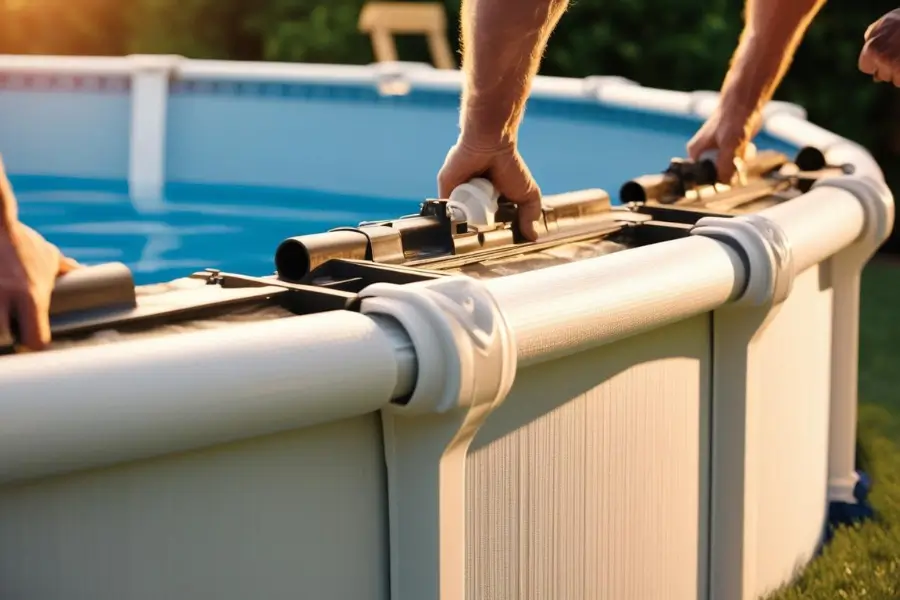 Close-up of professionals assembling an above-ground swimming pool, securing the pool frame.