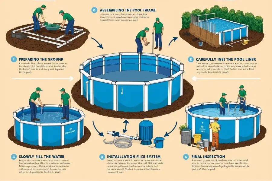 An illustrated guide showing the step-by-step process of installing an above-ground swimming pool, from ground preparation to final inspection.