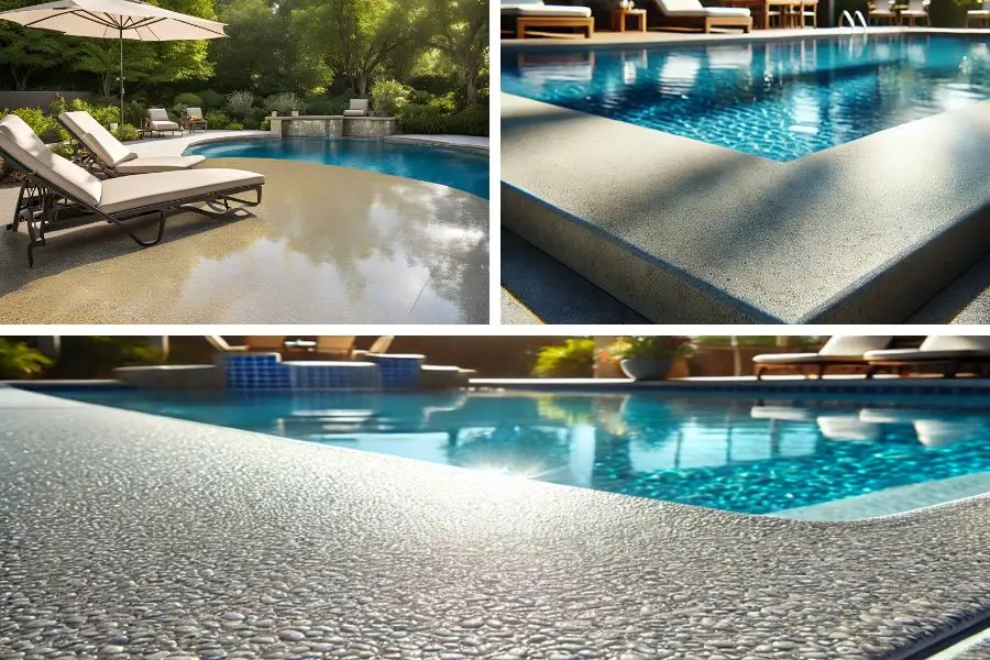 A close-up of a pool deck coating with a textured surface, showing water droplets glistening in sunlight, highlighting the durability and beauty of the pool area.