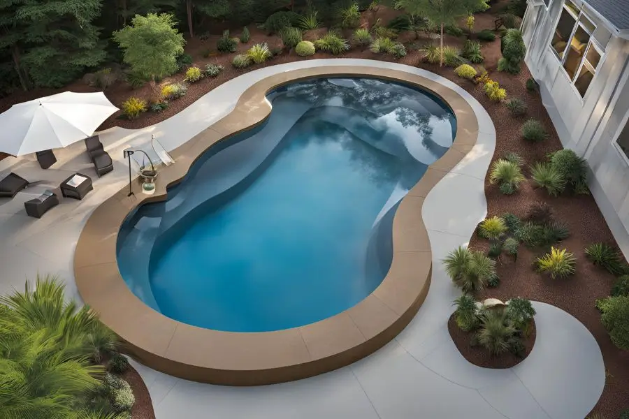 A beautifully designed small fiberglass pools surrounded by a modern patio with lounge chairs and lush greenery.