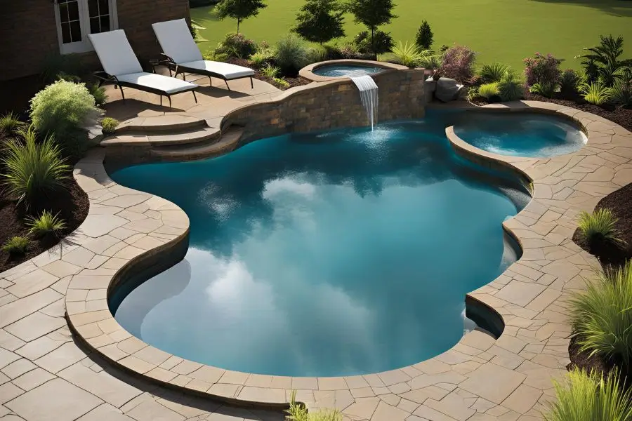 A small fiberglass pool with a curved design, waterfall feature, and adjacent spa, surrounded by lush landscaping and natural stone pavers.