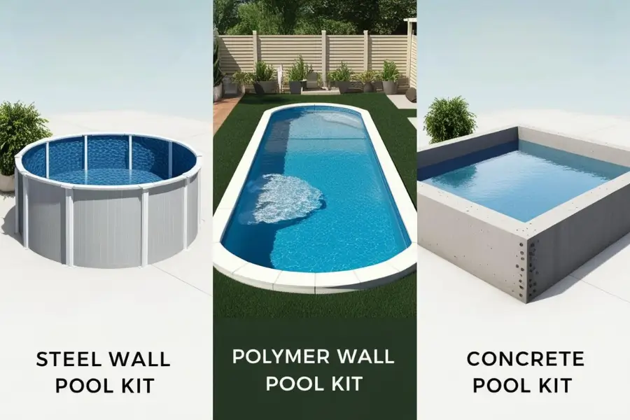 Different types of DIY inground pool kits, including fiberglass, vinyl liner, and concrete options, displayed in a backyard setting.