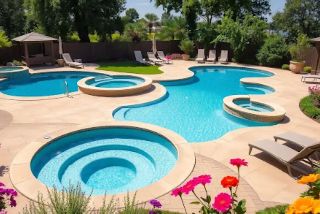 A luxurious backyard with a modern fiberglass pool, highlighting factors that influence fiberglass pool cost.