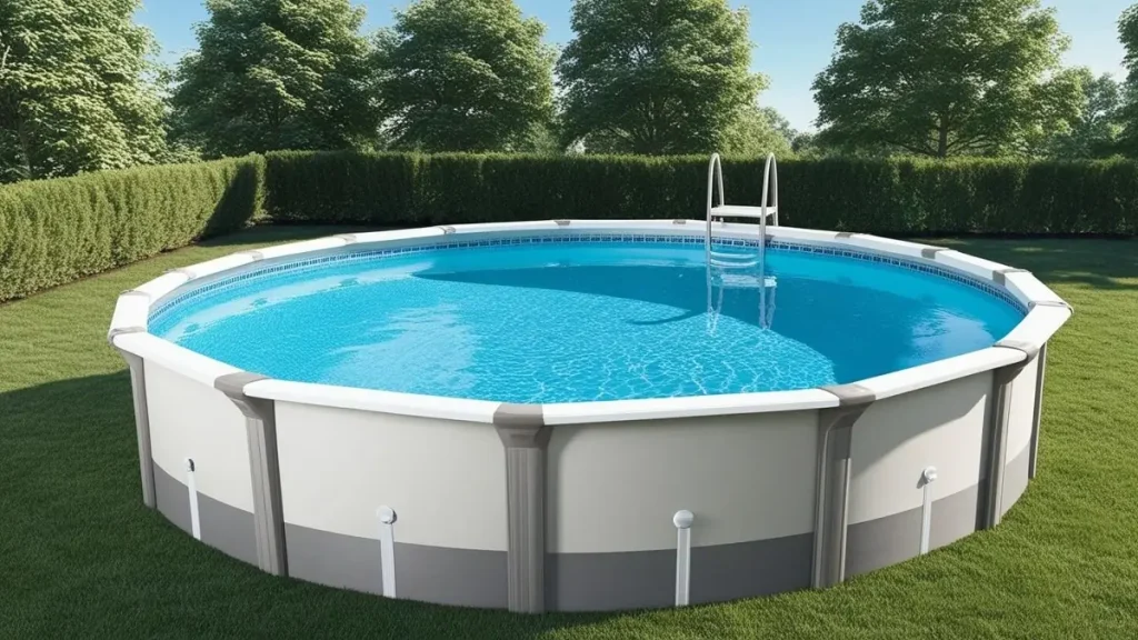 A stylish and sturdy above-ground swimming pool in a backyard, surrounded by a well-kept lawn and outdoor seating.