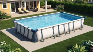 A beautifully designed rectangular above ground swimming pool setup.