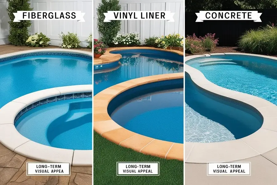 A comparison chart showing the lifespan and long-term durability of fiberglass, vinyl liner, and concrete pools.