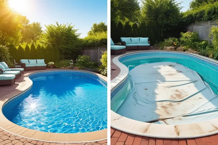 A split-image showing the advantages and disadvantages of vinyl liner pools, with one side featuring a beautiful, well-maintained pool and the other side showing a damaged or worn-out liner.