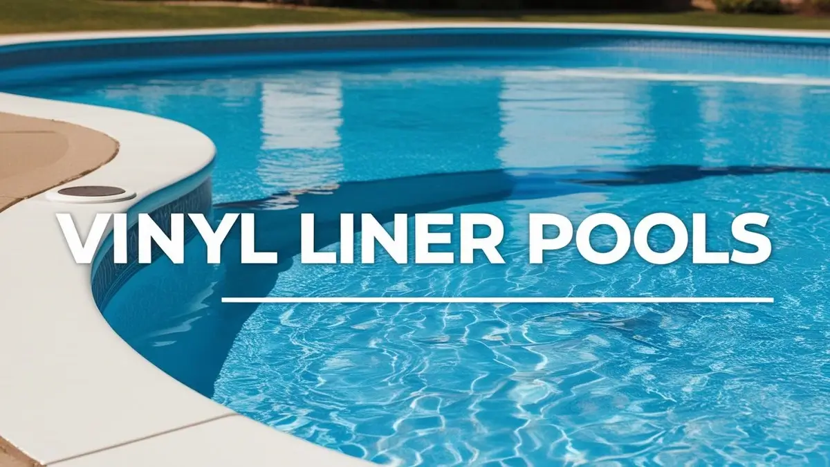 A close-up view of a bright blue vinyl liner pools with a smooth and reflective water surface.