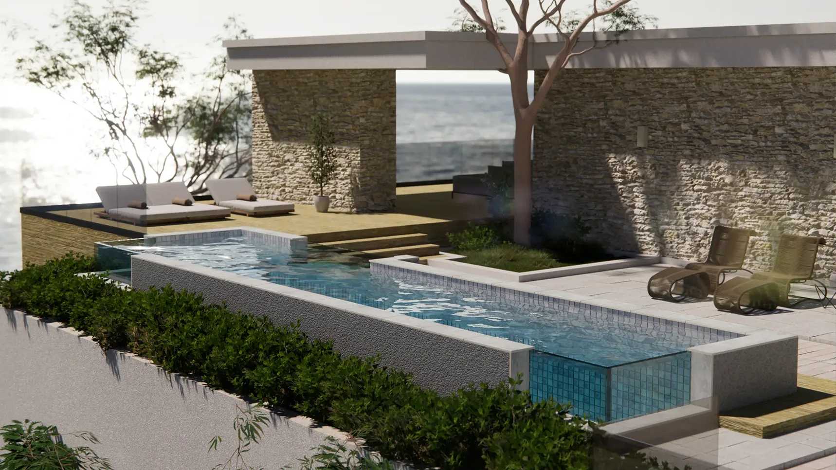 Pentarm design inspiration showing an elevated tiled pool with transparent acrylic corners