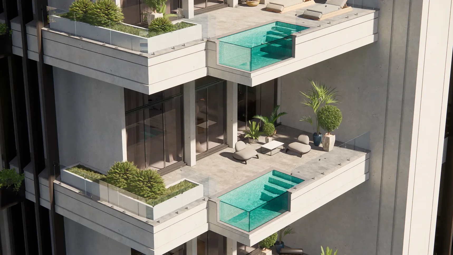 Pentarm architectural design inspiration showing elevated pools with transparent walls
